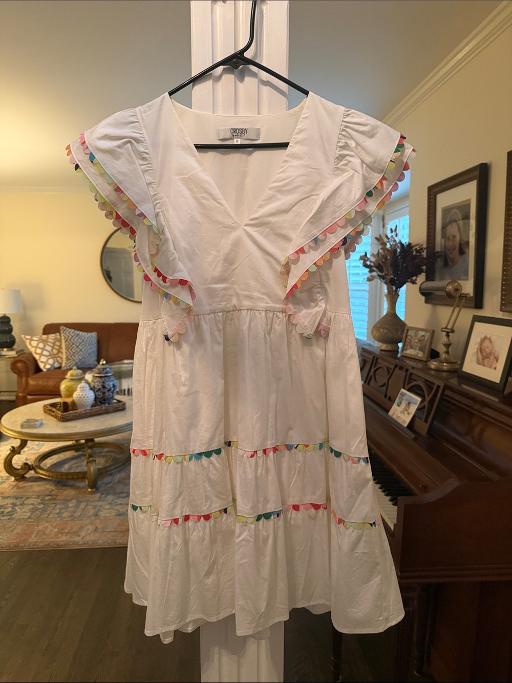 CROSBY by Mollie Burch White Cotton Dress with Multicolor Pom Trim